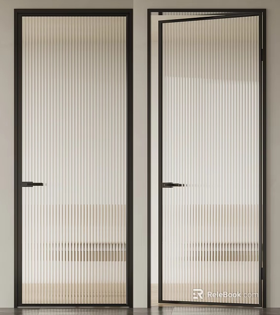 Modern Interior Hinged Doors With Vertical Ribbed Glass And Black Frames 3d model 