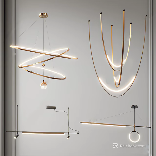Modern Chandelier Designs With Curved Metal Frames And Illuminated Pendant Structures 3d model 