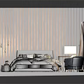 Cartoon Bedroom Scene With Wooden Wall Panels Bed Desk Chair Gray Armchair And Window Curtains