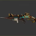 Futuristic Retro Blaster Weapon With Blade Blue Glowing Accents Wooden Grip And Metallic Parts