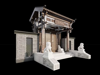 Traditional Chinese Entrance Gate With Stone Lions Carved Wooden Doors And Brick Walls 3d model
