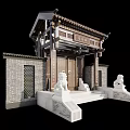 Traditional Chinese Entrance Gate With Stone Lions Carved Wooden Doors And Brick Walls