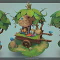 Cartoon Scene Of A Shop Cart With Leaf Roof Clay Pots Small Decorations Green Grass