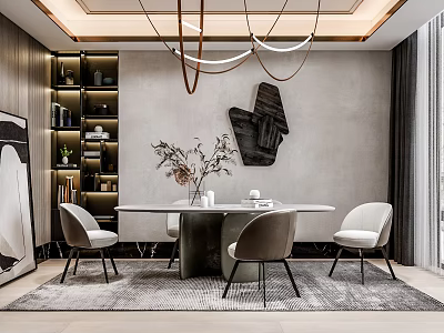 Modern Restaurant Interior With Hanging Pendant Lights Round Dining Table Upholstered Chairs And Artwork 3d model