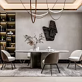 Modern Restaurant Interior With Hanging Pendant Lights Round Dining Table Upholstered Chairs And Artwork