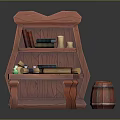 Wooden Functional Desk Featuring Bookshelf With Books Scrolls Candles And Barrel