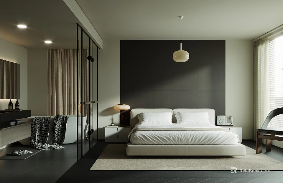 Hotel Room Minimalist Modern Design King Bed Dark Accent Wall Pendant Light Open Bathroom 3d model 