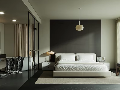 Hotel Room Minimalist Modern Design King Bed Dark Accent Wall Pendant Light Open Bathroom 3d model