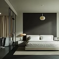 Hotel Room Minimalist Modern Design King Bed Dark Accent Wall Pendant Light Open Bathroom