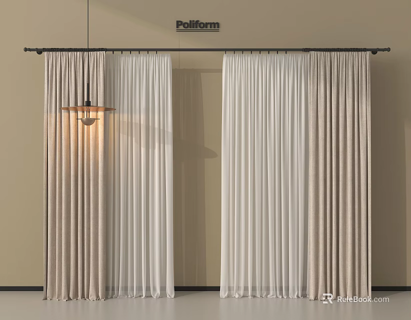 Modern Layered Curtains In Beige And White Soft Fabric For Minimalist Interior 3d model 