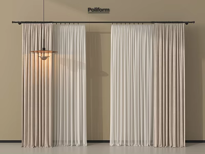Modern Layered Curtains In Beige And White Soft Fabric For Minimalist Interior 3d model