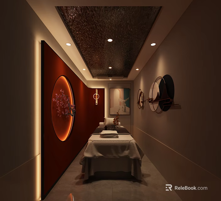 SPA Sauna Interior With Long Corridor Massage Table Circular Decorations And Warm Lighting 3d model