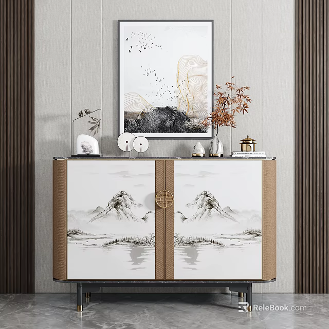 Elegant Modern Entryway Cabinet Sideboard With Mountain River Pattern And Decorative Ornaments 3d model