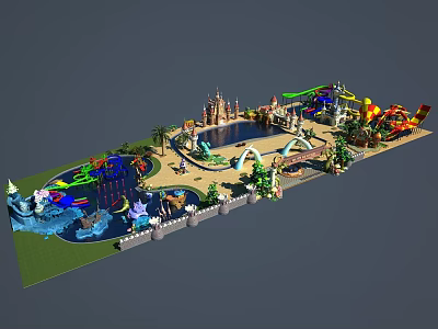 Colorful Amusement Park Equipment With Castle Slides Water Pool And Roller Coasters 3d model