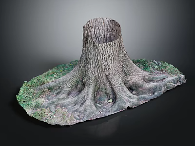 Rustic Wood And Stone Sculpture With Tree Stump Design Intricate Roots And Green Mossy Base 3d model