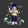 Stylish Pink Haired Character In Blue Beanie With Green Leaf Plants Bubbles And Peace Sign