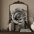 Decorative Ornament Set With Golden Framed Mirror Rose Art White Vase And Sculpture