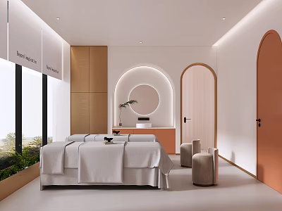 Modern Beauty Salon Interior With White Treatment Bed Round Mirror Arched Doors And Plants 3d model