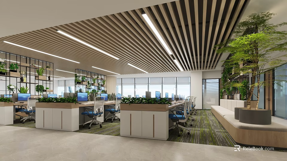 Modern Public Office Space with Open Layout Wooden Ceiling Linear Lights Green Plants and Workstations 3d model 