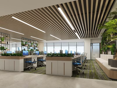 Modern Public Office Space with Open Layout Wooden Ceiling Linear Lights Green Plants and Workstations 3d model