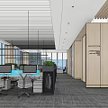 Modern Public Office Space With Open Layout Desks Computers Green Plants And Large Windows
