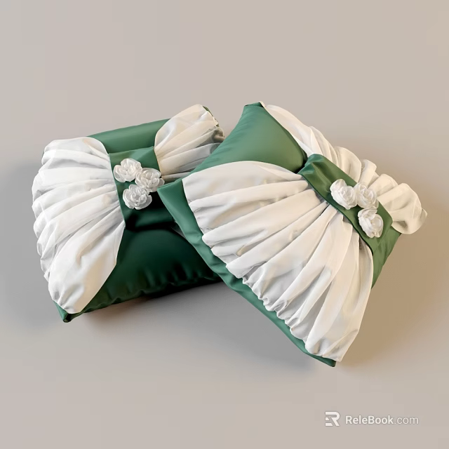 Green And White Decorative Pillows With Ruched Details And White Flower Accents 3d model 
