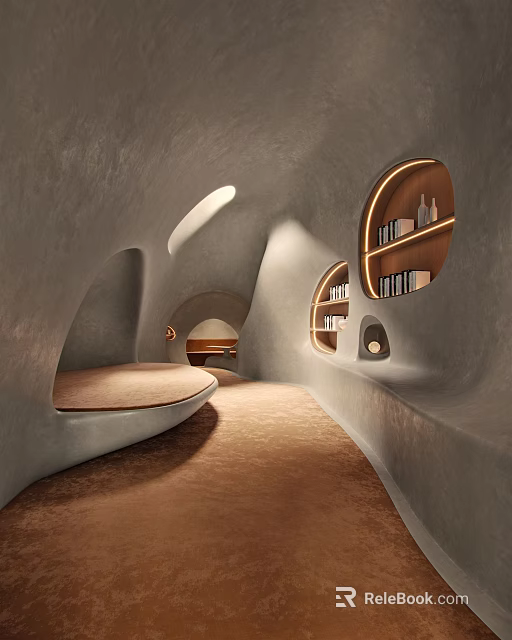 Book Art In Cave Like Interior With Curved Walls Built In Bookshelves And Soft Lighting 3d model 