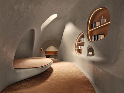 Book Art In Cave Like Interior With Curved Walls Built In Bookshelves And Soft Lighting 3d model