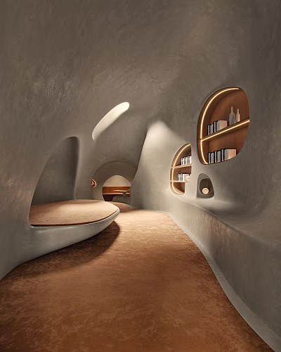 Book Art In Cave Like Interior With Curved Walls Built In Bookshelves And Soft Lighting 3d model