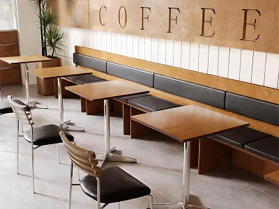 Modern Coffee Shop Interior With Bench Seating Wooden Tables Chairs And COFFEE Wall Sign 3d model