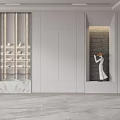 Modern White Interior Storage Cabinet Shelf With Lighting Decorative Items And Stone Wall Background