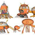 Orange Playground Equipment Rocket Spaceship UFO Like Structures With Slides And Climbing Nets