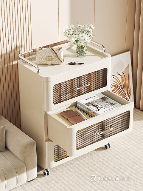 Stylish White Storage Cabinet With Open Drawers Handbag Keys And Magazines 3d model 