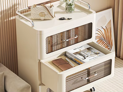 Stylish White Storage Cabinet With Open Drawers Handbag Keys And Magazines 3d model