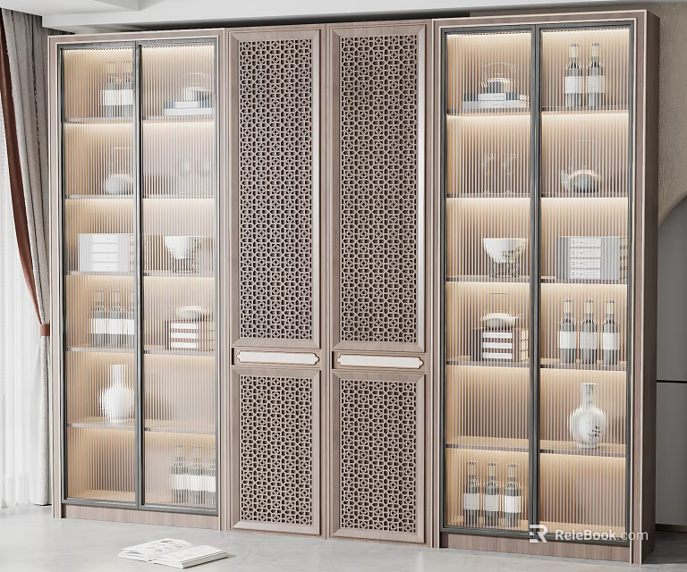 Stylish Modern Display Cabinet With Glass Doors Lattice Panels And Displayed Cups Bottles Bowls 3d model 