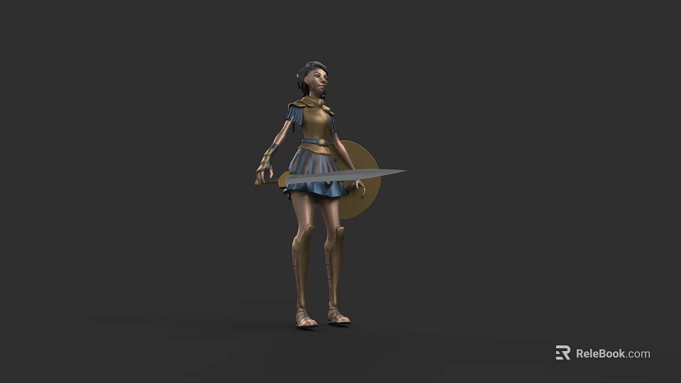 Female Game Movie Warrior Character With Gold Armor Blue Skirt Shield And Sword 3d model 