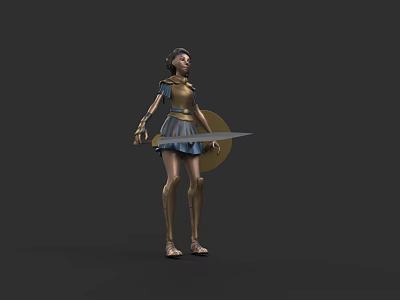 Female Game Movie Warrior Character With Gold Armor Blue Skirt Shield And Sword 3d model