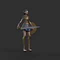 Female Game Movie Warrior Character With Gold Armor Blue Skirt Shield And Sword