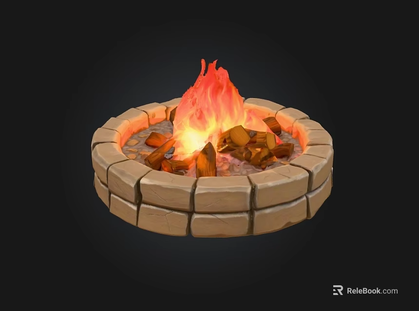 Outdoor Circular Stone Fire Pit With Bright Burning Flames And Wood Logs 3d model 