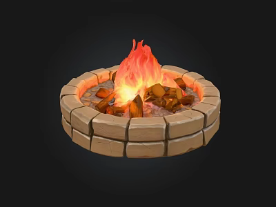 Outdoor Circular Stone Fire Pit With Bright Burning Flames And Wood Logs 3d model