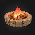 Outdoor Circular Stone Fire Pit With Bright Burning Flames And Wood Logs