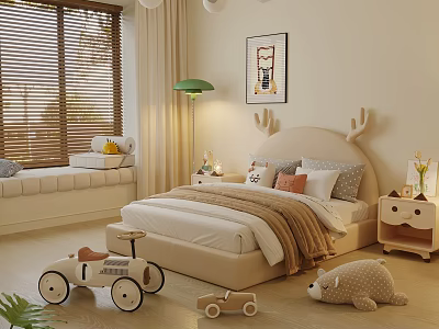 Children's Bed with Deer Antler Headboard Soft Bedding and Playful Toys in Cozy Room 3d model