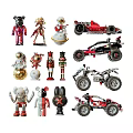 Assorted Toy Dolls and Vehicles Collection with Race Car Off Road Truck and Motorcycle