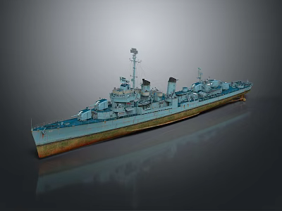 Warship Model with Blue and Yellow Hull Superstructure Mast and Chimney on Gray Reflective Background 3d model
