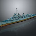 Warship Model with Blue and Yellow Hull Superstructure Mast and Chimney on Gray Reflective Background