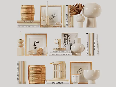 Modern Minimalist Decorative Ornament Set With Rattan Basket Ceramic Vase Wooden Frame And Books 3d model