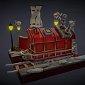 Cartoon Small Shop Scene With Stone Path Street Lamps Hanging Lanterns And Shelf Items