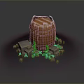 Rustic Wooden Barrel Decorative Item with Stones and Green Plants for Home Decoration