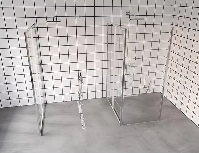 Modern Shower Sauna With White Tiled Walls Two Glass Enclosures And Gray Floor 3d model