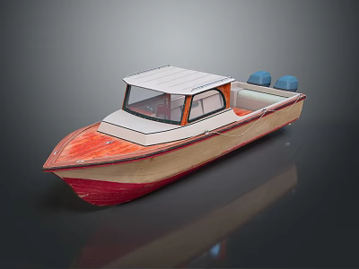 Stylish Wooden Yacht With Colorful Hull White Canopy And Blue Equipment 3d model